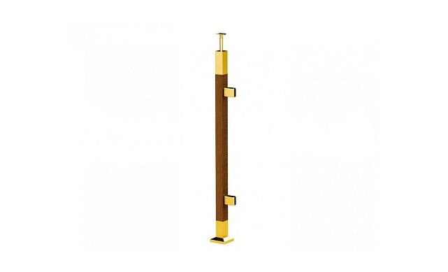 Готовая стойка 40х40х950 мм, деревянная, со вставками из нержавеющей стали 2х100 мм с 2 зажимными стеклодержателями, под золото k740-4-R-G