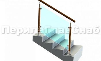 Ограждение с круглым деревянным поручнем с зажимными стеклодержателями и стойками с деревянными вставками в Екатеринбурге. Готовые проекты ПерилаГлавСнаб