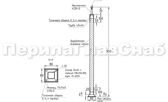 Готовая стойка 40х40х950 мм, деревянная буковая нелакированная, со вставками из нержавеющей стали полир. 2х100 мм k740-9-П 2