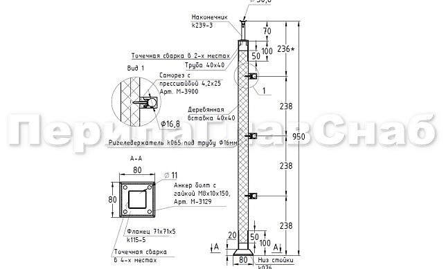Готовая стойка 40х40х950 мм, деревянная, со вставками из нержавеющей стали 2х100 мм с 3 ригеледержателями k740-1 2