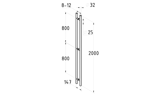 Ручка рейлинг двухсторонняя для стекла 8-12 мм, 32х800х800х2000 мм, шлиф. t633-2000 SSS 2