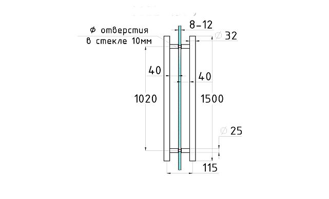 Ручка для стеклянной двери рейлинг двухсторонняя для стекла 8-12 мм, 32х1020х1500 мм, полировка t633-1500 PSS  2
