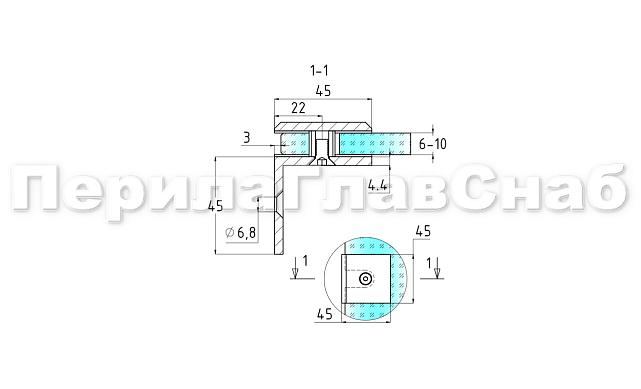 Коннектор для душевой кабины стена-стекло 90° 45х45 мм латунь-хром, полированный t732 PC 3