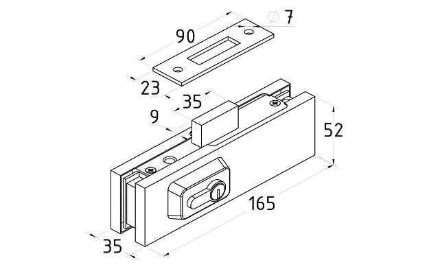 Замок центральный с прямоугольным ригелем, полированный, вырез 13 t152 PSS 4