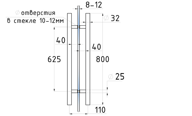 Ручка для стеклянной двери рейлинг двухсторонняя для стекла 8-12 мм, 32х625х800 мм, шлифованная t633-800 SSS 3