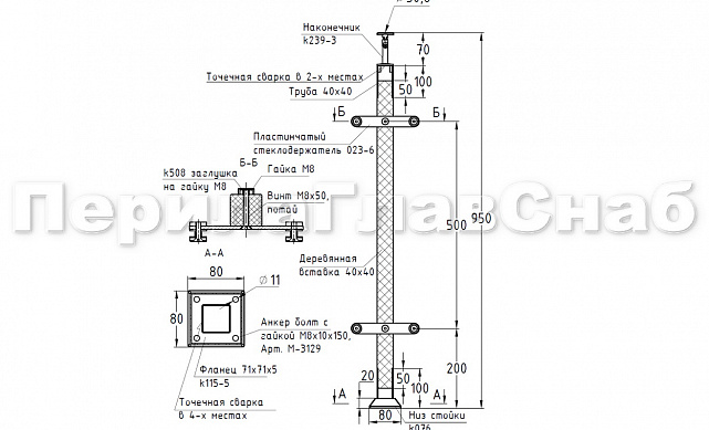 Готовая стойка 40х40х950 мм, деревянная, со вставками из нержавеющей стали 2х100 мм с 2 пластинчатыми стеклодержателями k740-2 2 Готовая стойка 40х40х950 мм, деревянная, со вставками из нержавеющей стали 2х100 мм с 2 пластинчатыми стеклодержателями k740-2 2