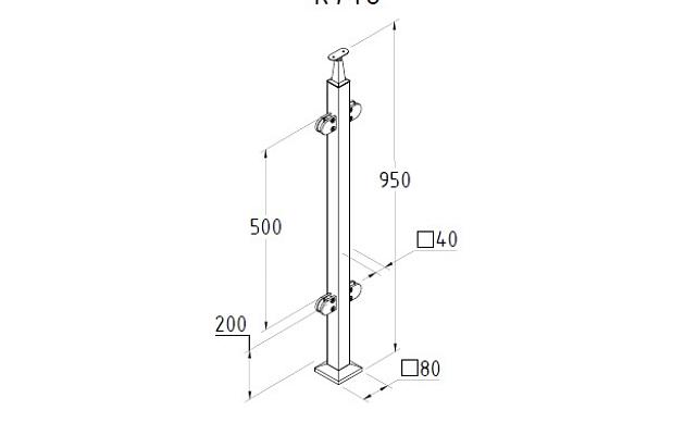 Стойка квадратная 40х40: 4 литых стеклодержателя, полированная, высота 950 мм (AISI 304) k746 2