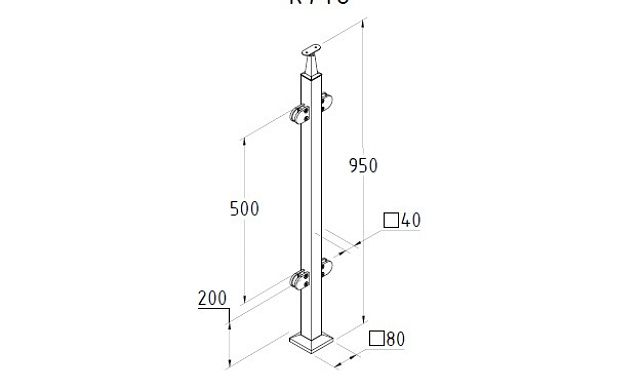Стойка квадратная 40х40: 4 литых стеклодержателя, полированная, высота 950 мм (AISI 304) k746 2