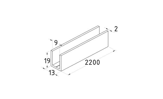 П-образный профиль для неподвижных стекол 8 мм, 19x13, L=2200, алюминий полированный t756 AL 2