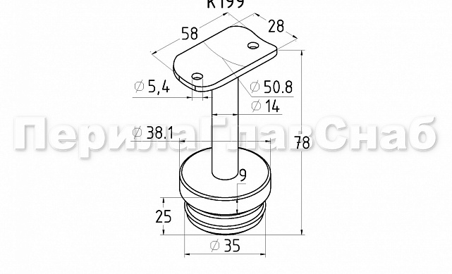Наконечник палец с алюминиевой системой фиксации на стойке Ø38.1х1.5 мм, с не регулируемым ложементом 90° под поручень Ø50.8 мм, полированный, нержавеющий (AISI 304) k199 2