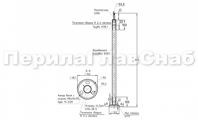 Готовая стойка Ø38,1х950 мм деревянная, со вставками из нержавеющей стали 2х100 мм базовая k741 3 Готовая стойка Ø38,1х950 мм деревянная, со вставками из нержавеющей стали 2х100 мм базовая k741 3